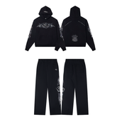 Hellstar Flame Tribal Graphic Hoodie & Pants Set - Black Streetwear Tracksuit
