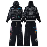 Hellstar Graphic Logo Distressed Hoodie & Pants Set - Black Streetwear Tracksuit